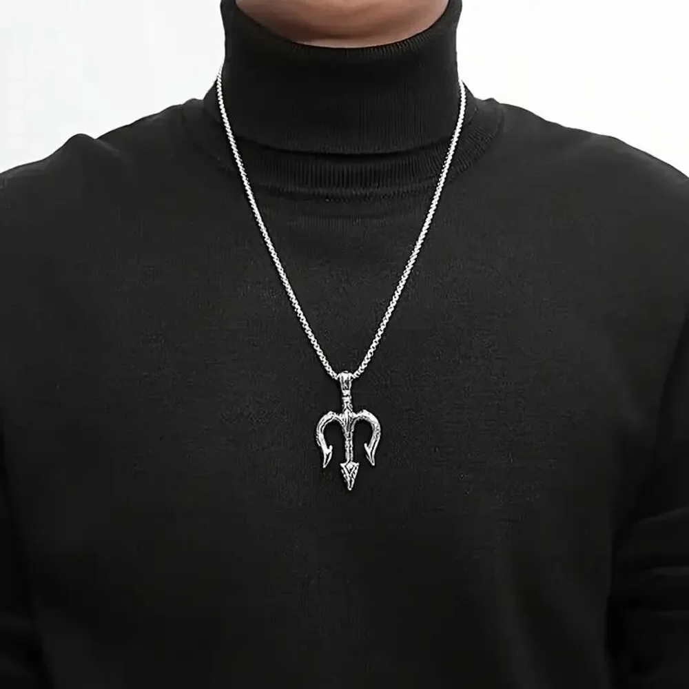 Men's Nordic Viking Amulet Poseidon Trident Stainless Steel Pendant Necklace